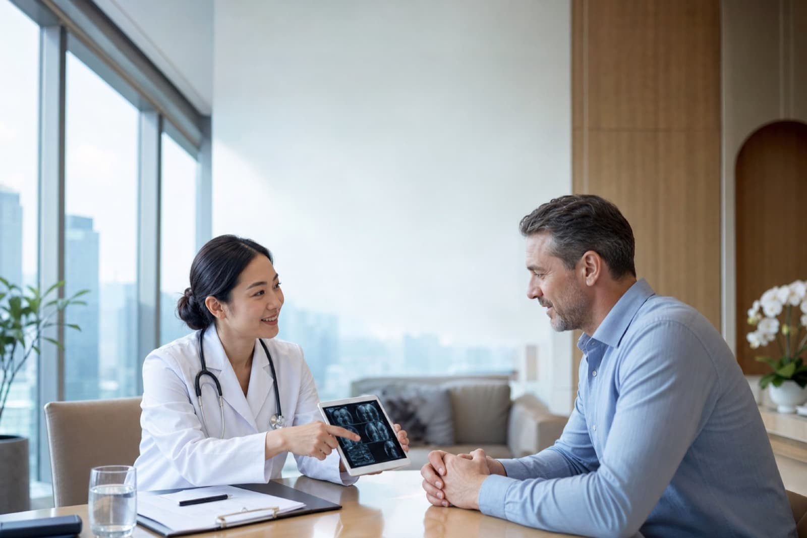 Chinese doctor consulting an international patient